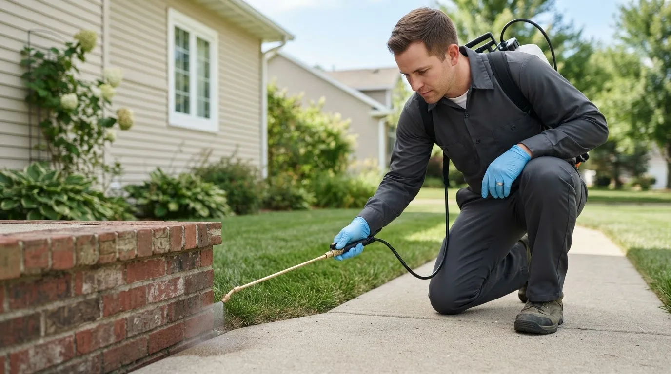 Pest control technician treating a home near Chester, NE