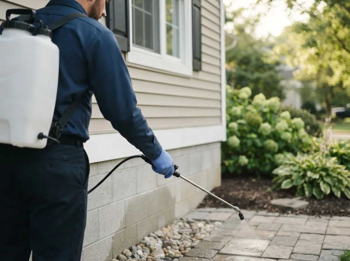 Pest control technician inspecting a home in Chester, NE